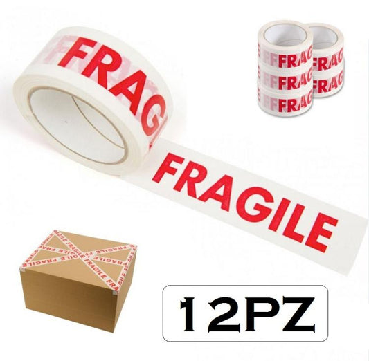 12 PZ NASTRO ADESIVO SCOTCH FRAGILE IMBALLAGGIO 50X66  PACCHI SPEDIZIONI SCATOLE