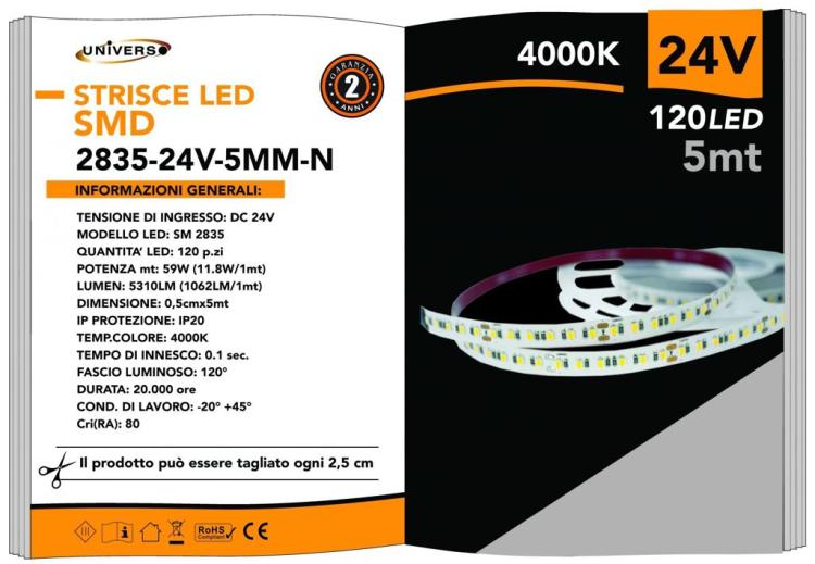 Strip 5M Striscia 600 Led 2835 61W 24V Bobina 5 Mt Biadesiva Luce Naturale 4000K