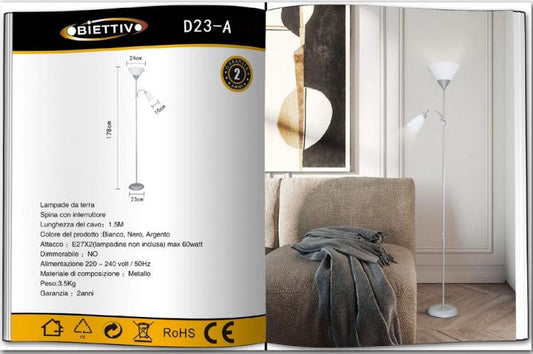 Lampada Piantana Led Da Terra 2 Luci E27 Braccio Flessibile Lettura Divano D23-A