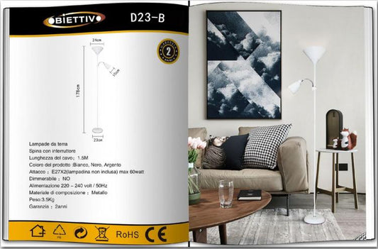 Lampada Piantana Led Da Terra 2 Luci E27 Braccio Flessibile Lettura Divano D23-B