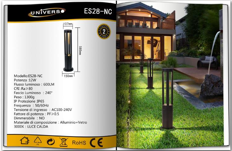 Lampione Giardino Lampada 12W Led Per Esterno Nero Lampioncino Luce Calda Es28