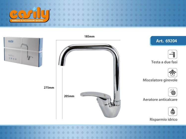 Rubinetto Cucina Miscelatore Lavello Canna Alta Quadrata In Ottone Cromato 69204