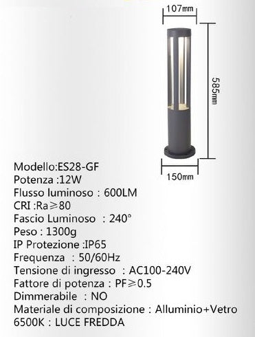 Lampione Giardino Lampada 12W Led Da Esterno Grigio Lampioncino Luce Fredda Es28