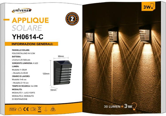 Faretto Applique Led Ricaricabile 3W Solare Da Giardino Esterno Ip65 Calda 3000K