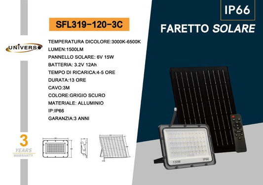 Universo Faro Led Esterno Faretto + Pannello Solare 3C (3000K-4000K-6500K) 120W