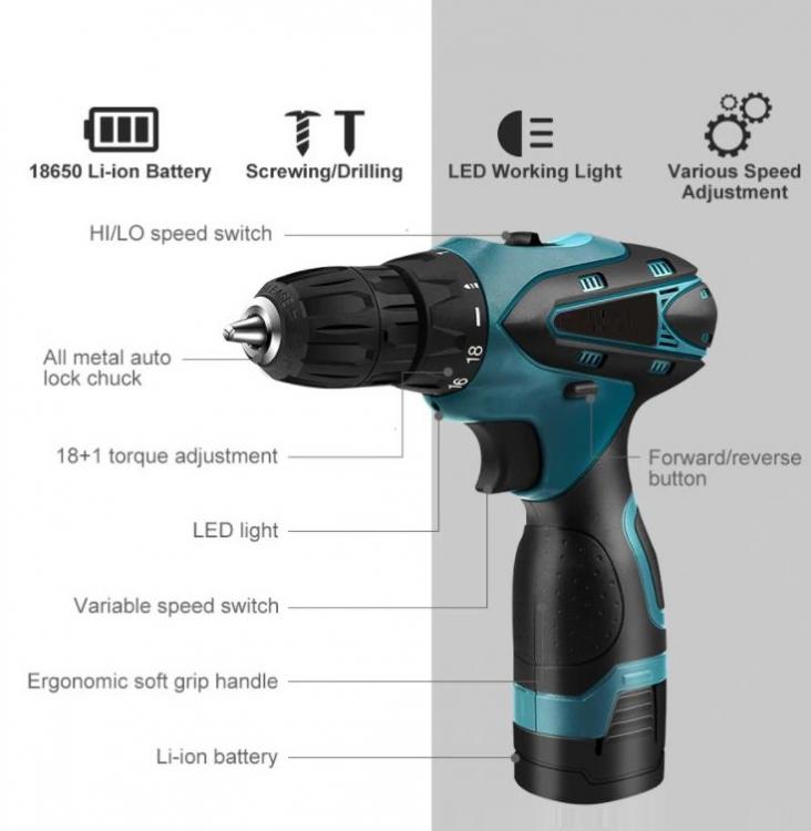 Trapano Avvitatore A Doppia Batteria Litio In Valigetta 12V Cordless 2 Batterie