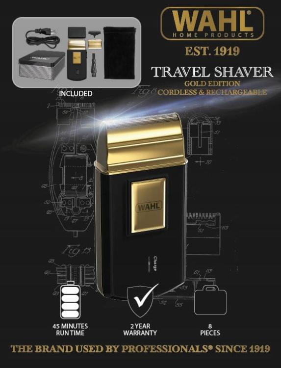 Wahl Rasoio Barba Ricaricabile Travel Shaver Gold Edition 3615G + Acc Da Viaggio