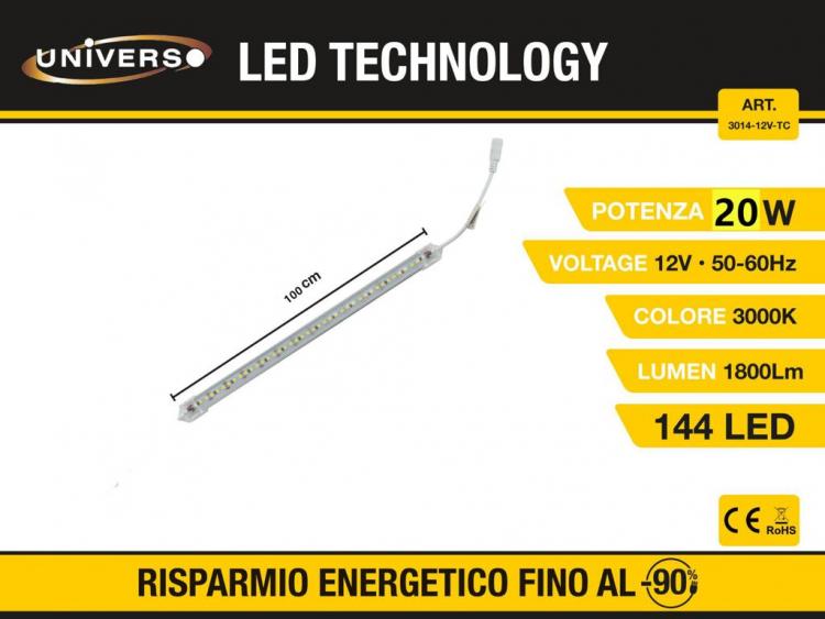 BARRA LUMINOSA STRISCIA 144 LED 1M ALLUMINIO RIGIDO STRIP 12V SOTTOPENSILE CALDA