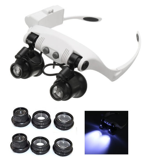 Visiera Occhiali Lente Ingrandimento Precisione Con 2 Led 4 Lenti Luce Torcia