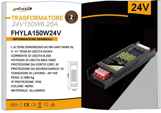 ALIMENTATORE SLIM STABILIZZATO 24V 150W SWITCH TRASFORMATORE 6.25MHA TELECAMERE