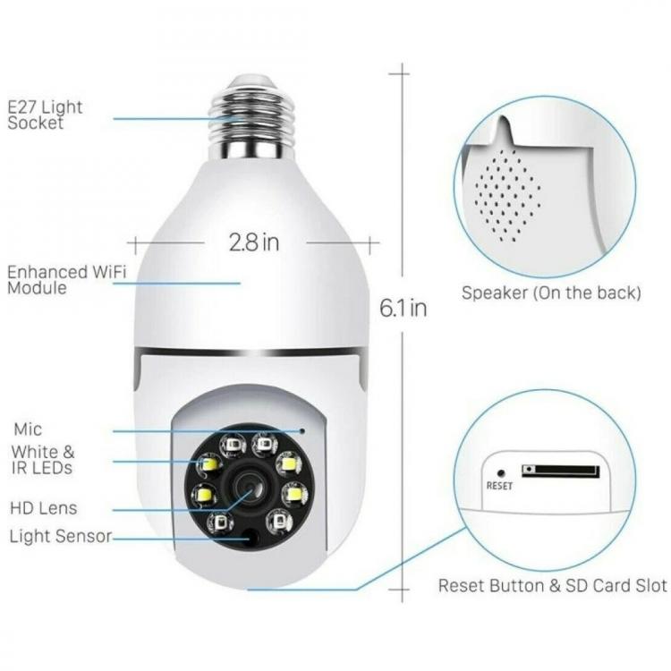 Telecamera E27 Ip Lampadina Nascosta Da Interno 360 Gradi Wireless Wifi Ptz Spia