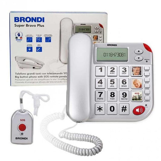 BRONDI SUPERBRAVO PLUS ARGENTO TELEFONO FISSO ANZIANI TELECOMANDO SOS EMERGENZA