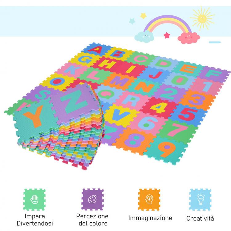 Tappeto Puzzle Bambini 36Pz Gioco Tappetino Morbido Numer Lettere Alfabeto Gomma
