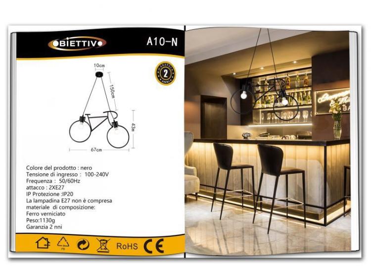 Lampadario A Sospensione A Forma Di Bicicletta In Metallo Nero 2 Attacchi E27