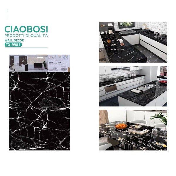 ADESIVO CARTA DA PARATO 3D EFFETTO MARMO NERO PANNELLO SPUGNA 30X60CM |TX-9981
