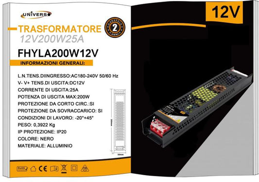 ALIMENTATORE SLIM STABILIZZATO 12V 200W TRASFORMATORE 25MHA PER TELECAMERE E LED