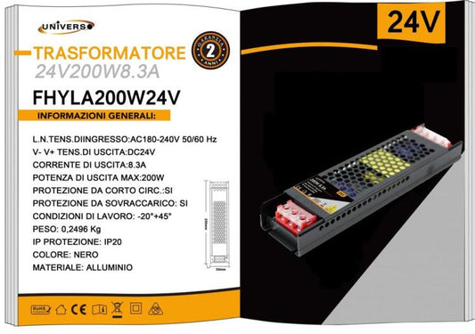 ALIMENTATORE SLIM STABILIZZATO 24V 200W SWITCH TRASFORMATORE 8.3MHA TELECAMERE