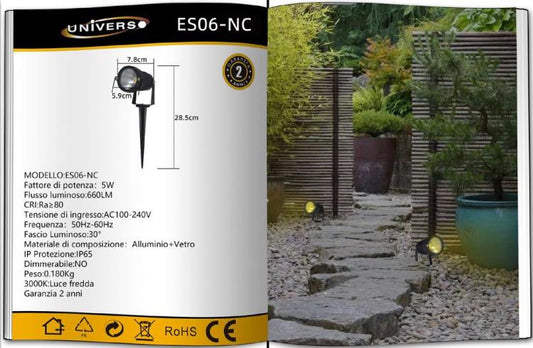 Faretto Led 5W Da Esterno Con Picchetto Giardino Staffa Parete Proiettore 3000K