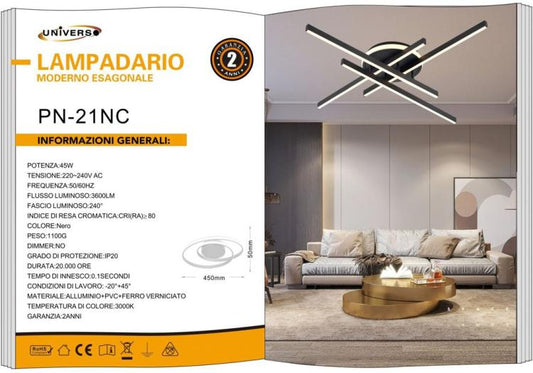 Plafoniera Moderna A Led 45 Watt Lampada Lampadario Nero Da Soffitto Calda 3000K