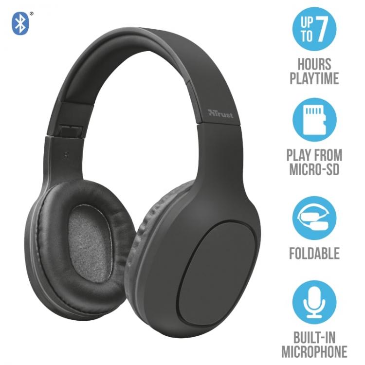 Trust Cuffia Wireless Bluetooth Mp3 Micro Sd Auricolare Cuffie Microfono Dj Pc