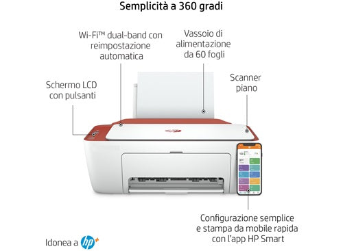Hp Stampante Multifunzione Deskjet 2723E Inkjet Wifi All In One Bianco/Rosso