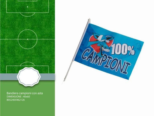 2x Bandiera Con Asta Tifoso Napoli 100% Campioni D'Italia Scudetto Asola 40x60cm