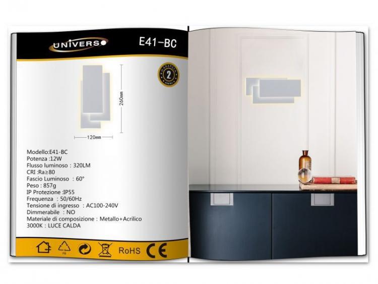 APPLIQUE LED LUCE BIANCA VETRO DA PARETE 12W LAMPADA MODERNO BIANCO CALDO E41-BC