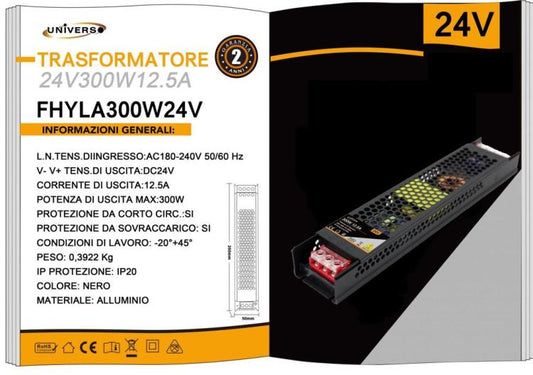 ALIMENTATORE SLIM STABILIZZATO 24V 300W SWITCH TRASFORMATORE 12.5MHA TELECAMERE