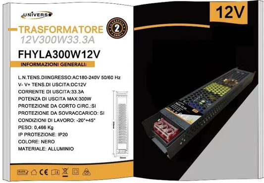 ALIMENTATORE SLIM STABILIZZATO 12V 300W TRASFORMATORE 33.3MHA PER TELECAMERE LED