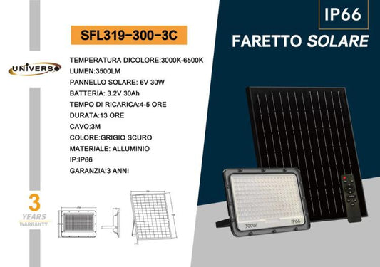 Universo Faro Led Esterno Faretto + Pannello Solare 3C (3000K-4000K-6500K) 300W