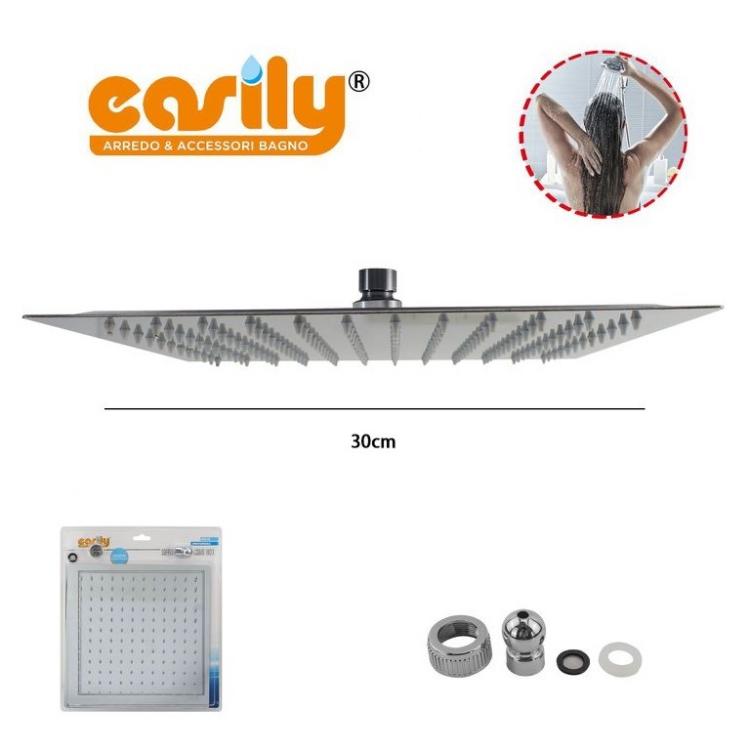 Soffione Doccia Bagno In Acciaio Inox Ultra Slim Lucido Cromato 30Cm-Quadrato