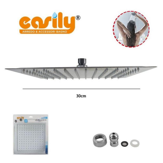 Soffione Doccia Bagno In Acciaio Inox Ultra Slim Lucido Cromato 30Cm-Quadrato