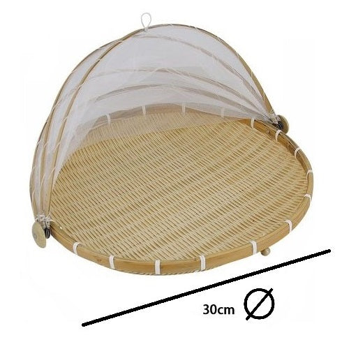 Set 3Pz Coprivivande A Rete Con Vassoio Fatto A Mano In Bambù Da 30Cm-35Cm-42Cm