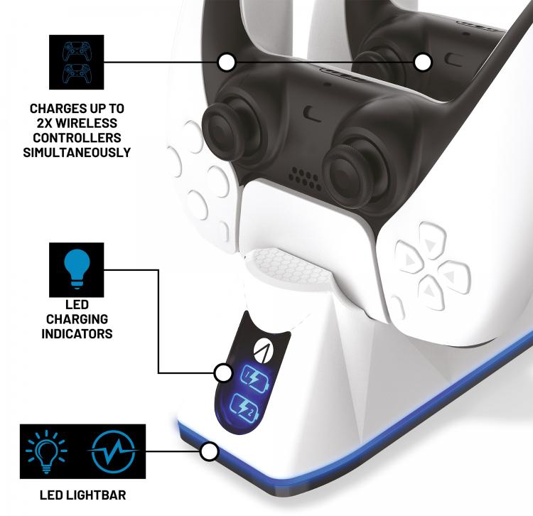 Stealth Base Di Ricarica Controller Dualsense Ps5 Caricatore Doppio 2 Pad Bianco