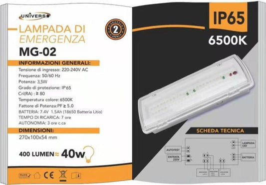 Lampada D'Emergenza Led Parete Anti Black Out Batteria Incasso 400Lm Luce Fredda