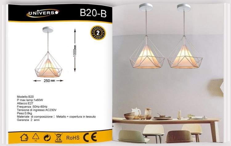 Lampadario Da Arredo Design Moderno Struttura Metallo Bianco Tessuto E27 | B20-B