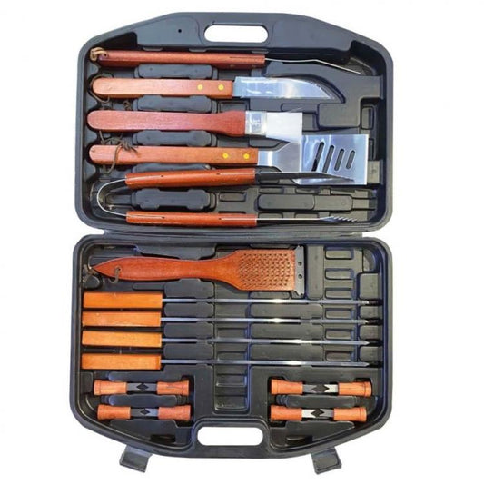 Set Accessori Barbecue 18Pz Con Valigetta Kit Utensili Bbq Legno Griglia Posate