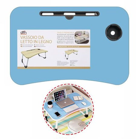 Tavolino Pieghevole Letto Vassoio Colazione Studio Tablet Pc Notebook Legno Blu