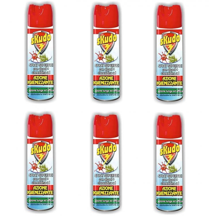 6 SKUDO SPRAY SUPERFICI CON ALCOOL CLOREXIDINA SGRASSATORE IGIENIZZANTE AMBIENTI