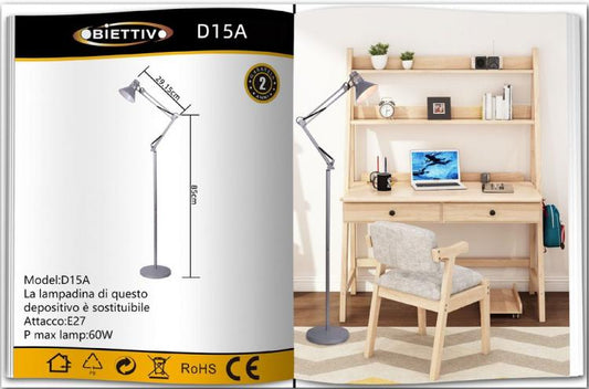 Lampada A Piantana Da Terra Braccio Orientabile Luce Lettura Metallo Grigio|D15A