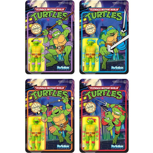 Reaction Super7 Set Completo 4Pz Tartarughe Ninja Action Figure Turtle Tmnt 10Cm