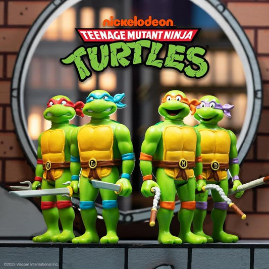 Reaction Super7 Set Completo 4Pz Tartarughe Ninja Action Figure Turtle Tmnt 10Cm