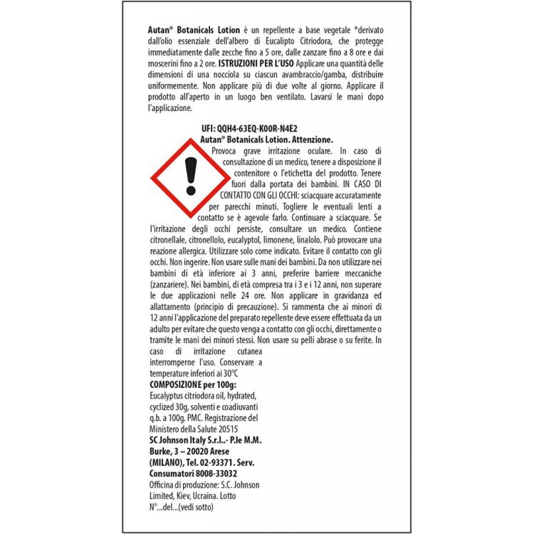 AUTAN BOTANICALS LOZIONE 50ML INSETTO REPELLENTE ANTIZANZARE CON EUCALIPTO 8 ORE