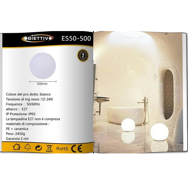 Lampada Sfera Da Giardino Ø 50Cm Luce Esterno Palla Terra E27 Bianco + Picchetti