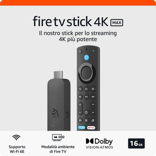Amazon Fire Tv Stick 4K MAX (Wi-Fi 6E) Telecomando Vocale Alexa Android Dolby Vision