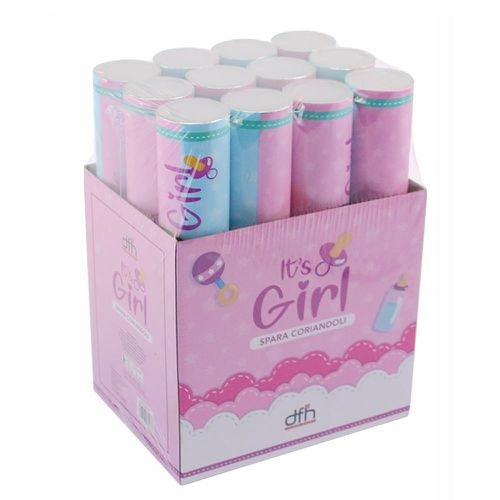 12PZ TUBO SPARA CORIANDOLI BABY SHOWER SESSO GENDER REVEAL PARTY GIRL (FEMMINA)