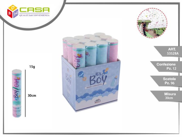 12PZ TUBO SPARA CORIANDOLI BABY SHOWER SESSO GENDER REVEAL PARTY MAN (MASCHIO)