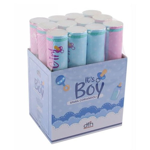 12PZ TUBO SPARA CORIANDOLI BABY SHOWER SESSO GENDER REVEAL PARTY MAN (MASCHIO)