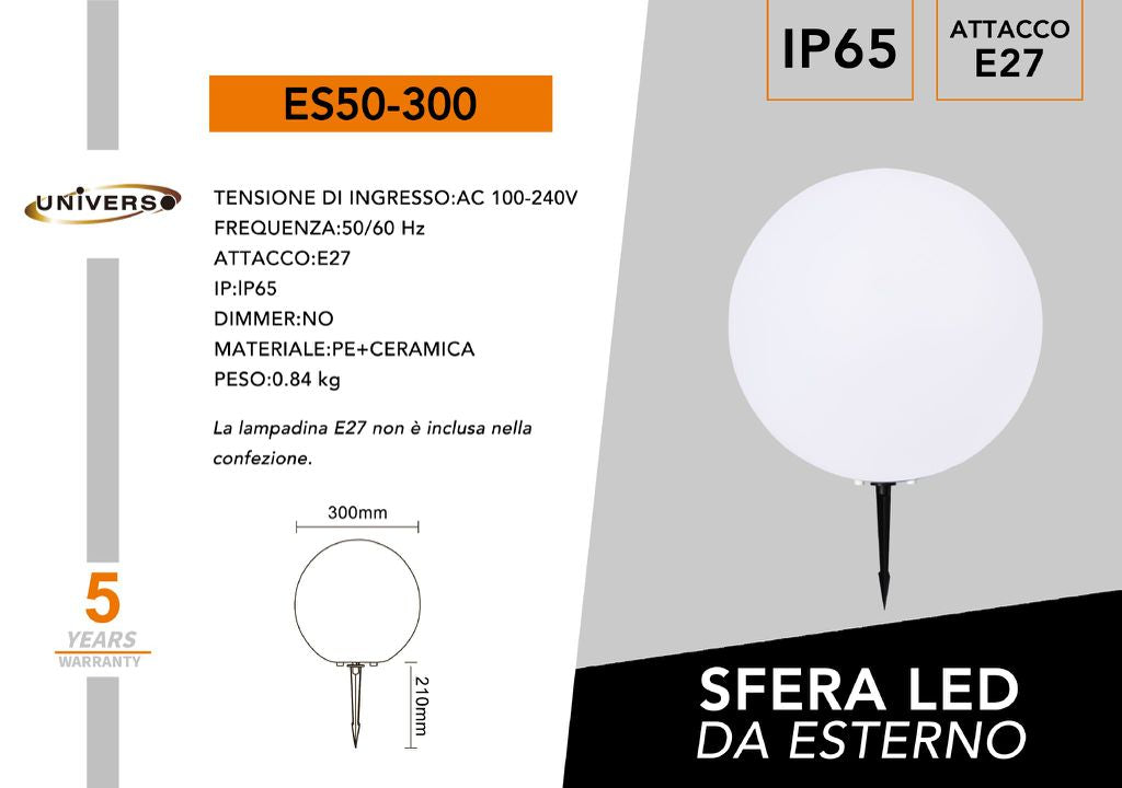 Lampada Sfera Da Giardino Ø 30Cm Luce Esterno Palla Terra E27 Bianco + Picchetti Illuminazione Sentiero Faro Arredamento Feste