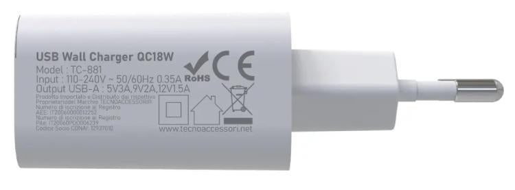 Tecno Alimentatore Carica Rapida Type Usb 18W 3A Bianco Tc-881 Caricabatterie